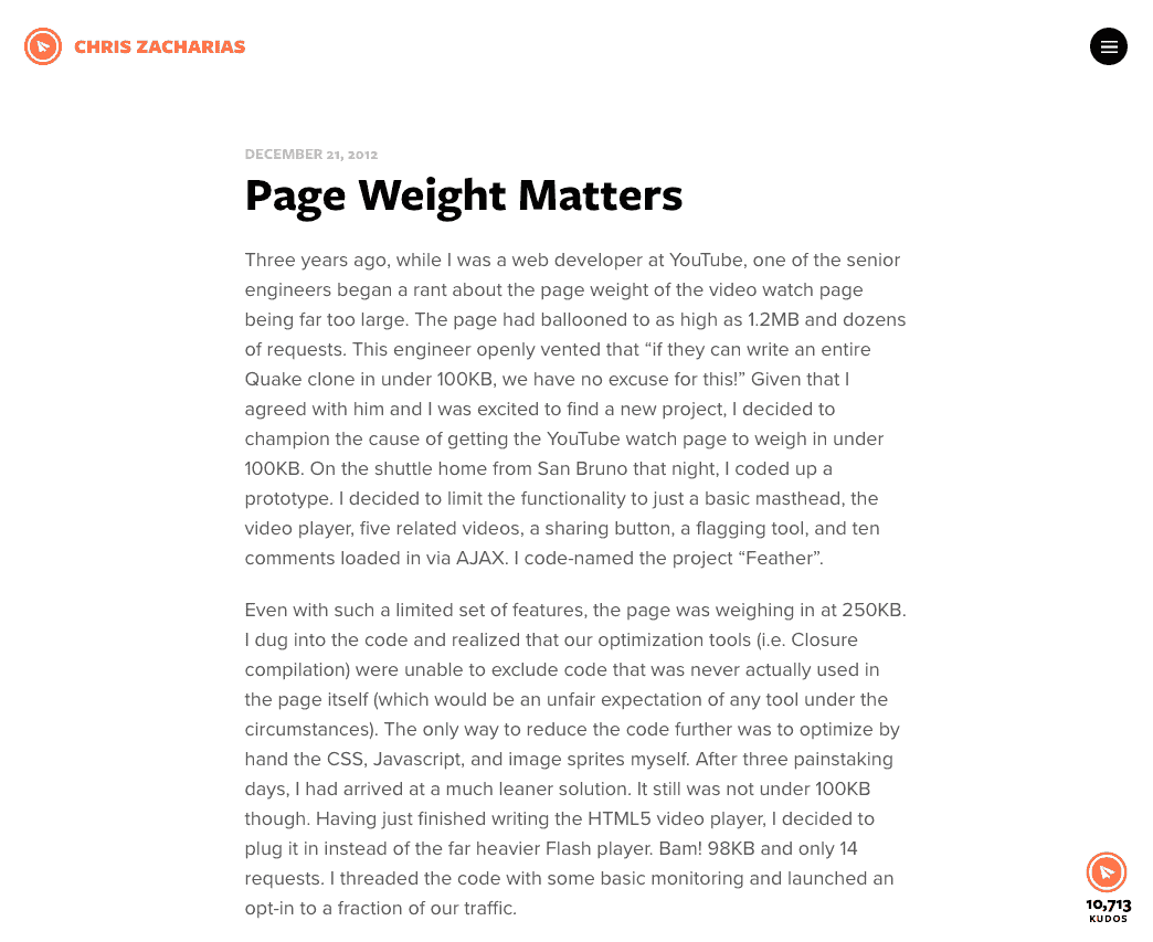 screenshot of Chris Zacharias's blog post from December 2012, 
Page Weight Matters